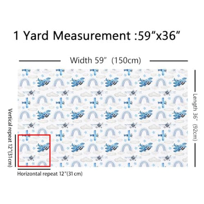 Blue Aircrafts Fabric,Cartoon Airplane DIY Craft,Dreamy Rainbow Stars Cloud Soft Polyester No Stretch for Quilting Sewing Supplies,3 Yards,108" L x 59" W - color: Blue and White, size: 3 Yards