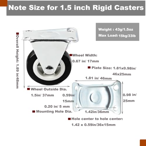1.5" Rigid Plate PVC Casters,No Bearing,Max 15kg Load,6 PCS-Black - color: Black, size: 1.5 inch