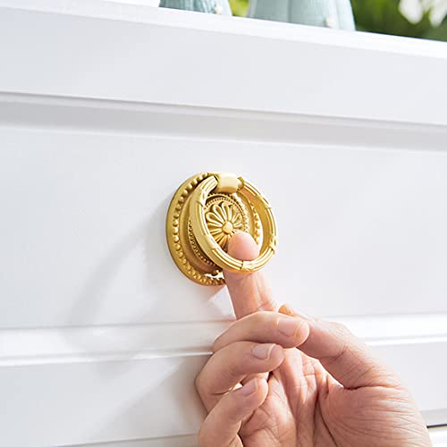 Brass Cabinet Rings Gold Knobs, Drawer Knobs Round European Handles Antique Gold Pull for Dresser, Home Kitchen, 2 Pack - size: 2 Pack
