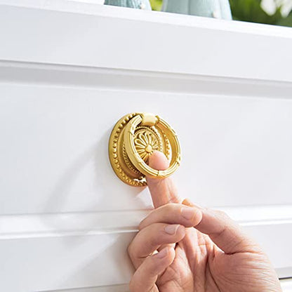 Brass Cabinet Rings Gold Knobs, Drawer Knobs Round European Handles Antique Gold Pull for Dresser, Home Kitchen, 2 Pack - size: 2 Pack