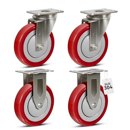 5" Caster Wheels, Stainless Steel Casters Set of 4 Heavy Duty, Anti-Corrosion Polyurethane Industrial Caster Wheels for Cart (2 Swivel& 2 Rigid) - style: 2 Swivel&2 Rigid