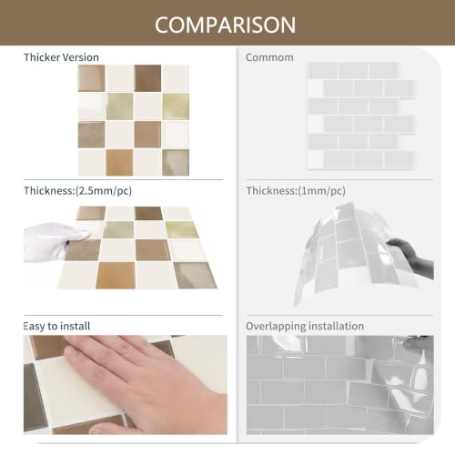 MOONFUN 10 Sheets Upgraded Thicker Design Tile Peel and Stick Backsplash - color: Beige