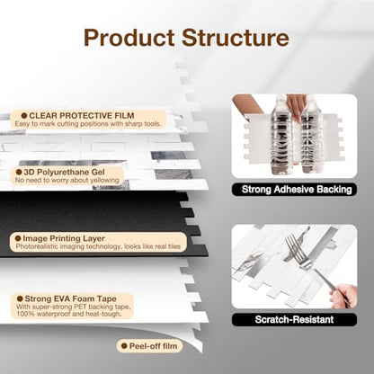 Peel and Stick Backsplash Tile Waterproof Removable PVC Wall Sticker 3D Faux Stone Marble Brick White Accent Panels (White Marble - Metal Silver, 20 Tiles - 9 sq. ft. (0.84 M²)) - color: White Marble - Metal Silver, size: 20 Tiles - 9 sq. ft. (0.84 M²)