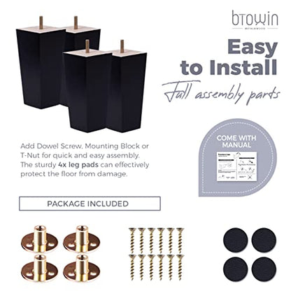 6 inch Solid Wood Furniture Legs, 4Pcs Mid-Century Modern Wooden Pyramid Replacement Feet with Threaded 5/16'' Hanger Bolts & Mounting Plate & Screws for Sofa Couch Chair Recliner - color: Black, size: 6" (15cm)