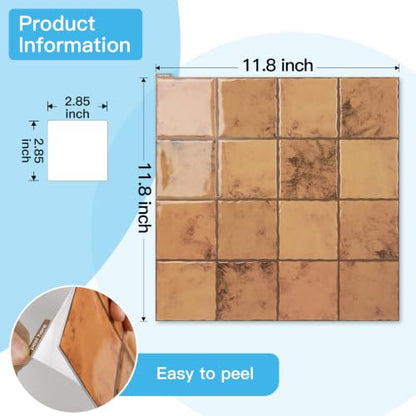Art3d Grid Design Peel and Stick Backsplash, 10-Pack, Terracotta - color: Terracotta