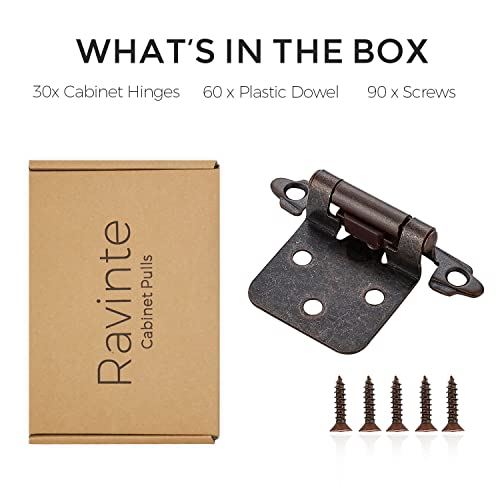 Ravinte Antique Copper Cabinet Hinges, 1/2 Inch Overlay, 30 Pack (15 Pairs) - color: Antique Copper