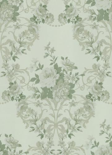 Vintage Rose Damask Mural Wallpaper Green Floral Peel and Stick Wallpaper - color: Green
