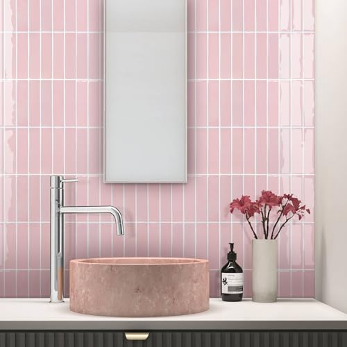 Commomy Pink Peel and Stick Tile - 10 Pcs of 12" x 12" - color: Pink & Glossy Surface