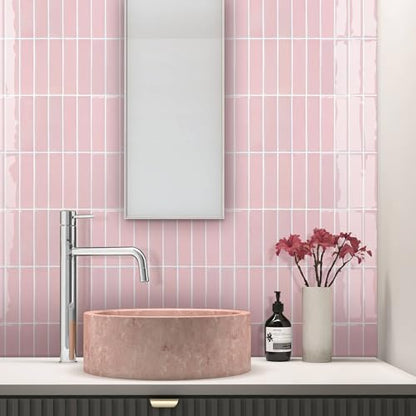 Commomy Pink Peel and Stick Tile - 10 Pcs of 12" x 12" - color: Pink & Glossy Surface