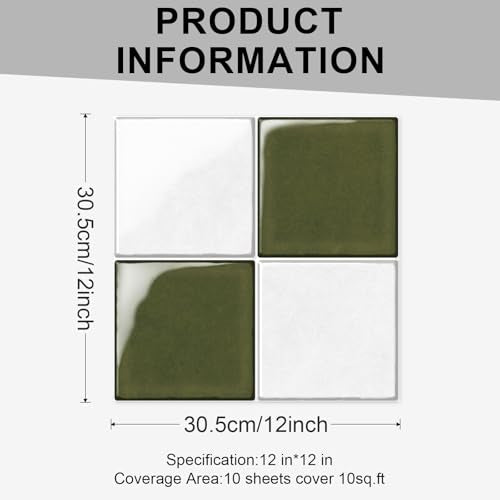 10 Sheets Thicker Design Peel and Stick Backsplash, 3D Self Adhesive Peel and Stick Wall Tile Backsplash for Kitchen, Bathroom, 12"x12", White and Green - color: White and Green
