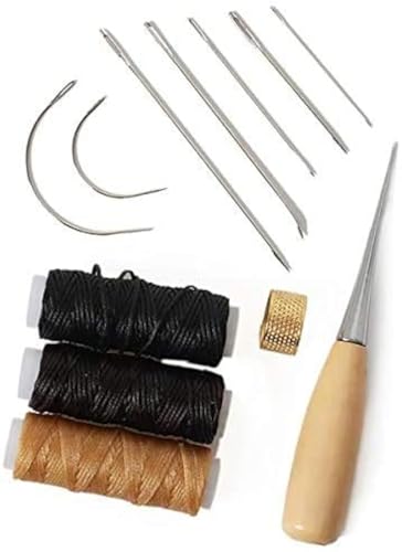 Heavy Duty Leather Craft Tool Set, Assorted Hand Sewing Needles Strong Upholstery Thread Drilling Awl and Thimble, Upholstery Repair Kit for Leather Repair Stitching Sewing, Pack of 12