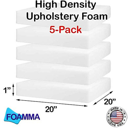 Foamma 5-Pack 1" x 20" x 20" High Density Upholstery Foam - Chair Cushion Square Foam for Dining Chairs, Wheelchair Seat Cushion Replacement - color: High Density, size: 1" x 20" x 20", style: 5 Pack