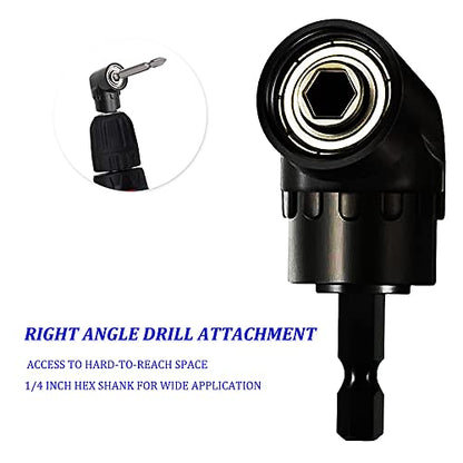 Right Angle Drill Attachment 1/4inch Hex Shank Right Angle Screwdriver Drill Bit Holder 105 Degree Drill Bit Extension Socket Adapter+ Flexible Drill Bit Extension-BLACK