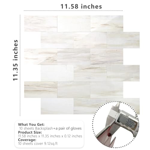 STICKGOO 10-Sheet Peel and Stick Backsplash on Subway Tile, Eurasia Biege - color: Polished Eurasia Pinkish-Biege Marble