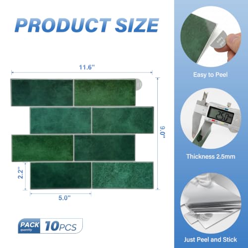 Thicker Design Peel and Stick Wall Tile，Self Adhesive Backsplash Tiles for Kitchen & Bathroom (10 Sheets, Green) - color: Green With Grey Grout