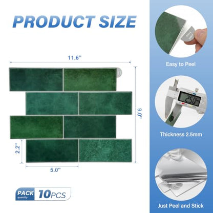 Thicker Design Peel and Stick Wall Tile，Self Adhesive Backsplash Tiles for Kitchen & Bathroom (10 Sheets, Green) - color: Green With Grey Grout