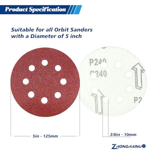 100Pcs 5 Inch Sanding Discs 240 Grit, Round Hook and Loop Sandpaper for Random Orbital Sander Pads(240 Grit) - style: 240G 100pcs