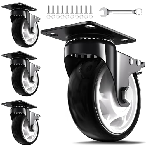 QNCZ 5 Inch Heavy Duty Caster Wheel with Dual Brake,Silent, Black,Set of 4 - color: Black, size: 5 IN