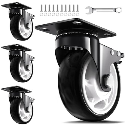 QNCZ 5 Inch Heavy Duty Caster Wheel with Dual Brake,Silent, Black,Set of 4 - color: Black, size: 5 IN