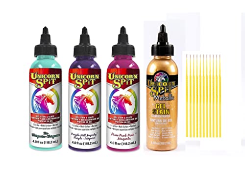 Unicorn SPiT Gel and Glaze Stain Celebration Collection: 4, 4oz. Bottles with Trebbies Detail Sticks (Zia Teal, Purple Hill Majesty, Pixie Punk Pink, Zeus Gold) - color: Celebration Collection
