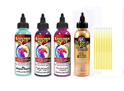 Unicorn SPiT Gel and Glaze Stain Celebration Collection: 4, 4oz. Bottles with Trebbies Detail Sticks (Zia Teal, Purple Hill Majesty, Pixie Punk Pink, Zeus Gold) - color: Celebration Collection