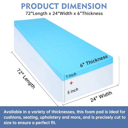 Upholstery Foam, 72" x 24" x 6" High Density Gel Memory Foam Padding Couch Cushion Support, Cut to Size Foam Replacement Pad for Sofa Sag Support - size: 72" X 24" X 6"