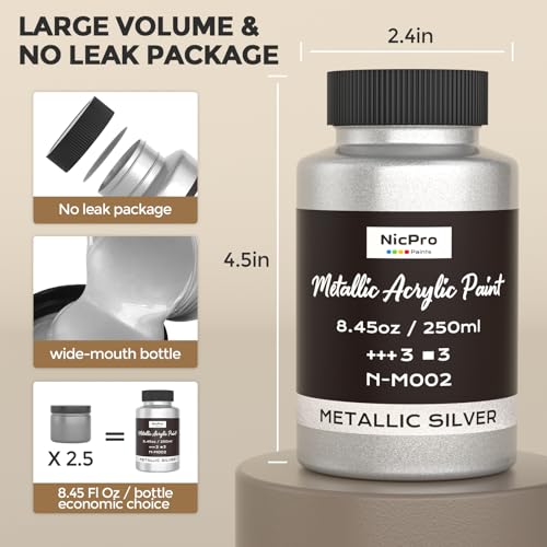 Nicpro Metallic Silver Acrylic Paint, 8.45oz/250ml Silver Leaf Paint - color: Silver, size: 8.45 Fl Oz (Pack of 1)