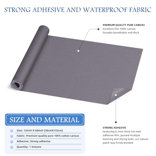 KING MOUNTAIN Canvas Iron on Patch,12"×60",Waterproof 100% Cotton Fabric Repair Patch,Used for Various Sofa,Tent,Clothes,Seats,Suitcases (Grey1.0,Waterproof) - color: Grey1.0, size: Canvas-12x60