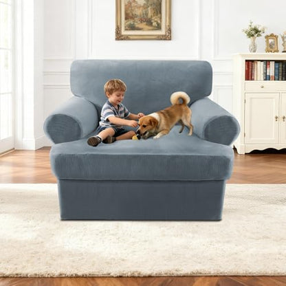 2 Pieces T Cushion Chair Covers with Arms Thick Velvet Couch Cover Stretch T Cushion Sofa Covers for Living Room Chair Cover with Individual T Cushion Covers , Washable (1 Cushion Chair, Stone Blue) - color: Stone Blue, size: Armchair (1 Cushion)