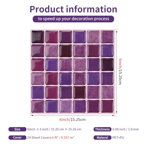 3D Mosaic Peel and Stick DIY Wall Backsplash Tiles (24, Purple) - color: Purple
