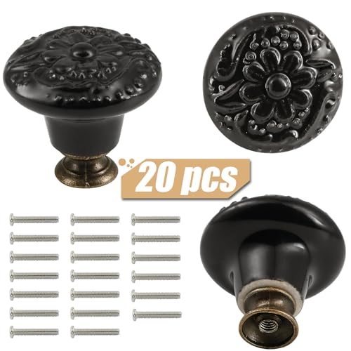 Ceramic Cabinet Knobs, Embossed Floral Design - Black, 20pcs - color: Black