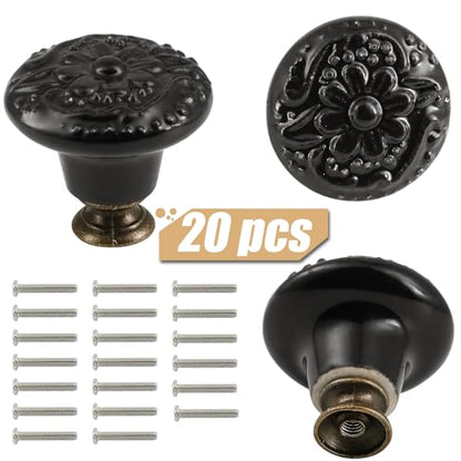 Ceramic Cabinet Knobs, Embossed Floral Design - Black, 20pcs - color: Black