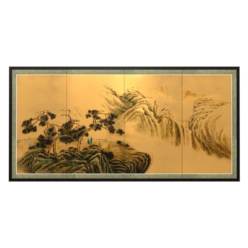 Red Lantern Mountaintop Waterfall on Gold Leaf - color: Mountain Waterfall