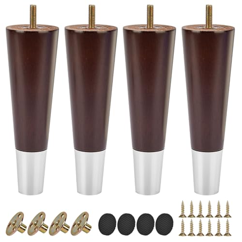 7 Inch / 18 cm Wood Furniture Legs with Silver Caps, Set of 4 Mid-Century Modern Solid Wood Round Replacement Feets with Hanger Bolt for Home DIY Cabinet Cupboard Ottoman with Cover