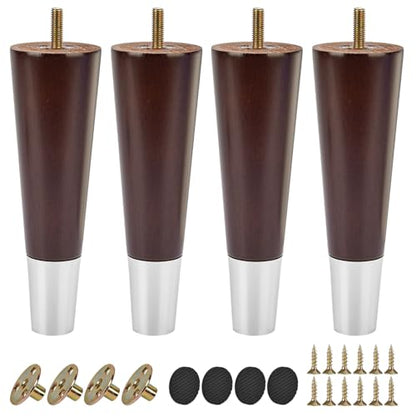 7 Inch / 18 cm Wood Furniture Legs with Silver Caps, Set of 4 Mid-Century Modern Solid Wood Round Replacement Feets with Hanger Bolt for Home DIY Cabinet Cupboard Ottoman with Cover