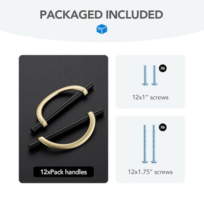 Brushed Gold & Matte Black Cabinet Pulls Curved, 5 Inch/128 mm, 10 Pack - color: Brushed Brass & Matte Black, size: 5 Inch Hole Center