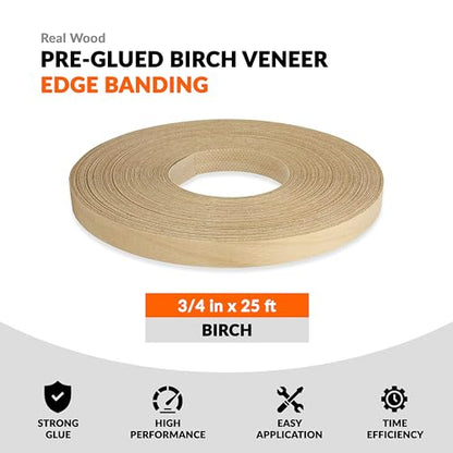 Birch Veneer Edge Banding 3/4 inch x 25 ft Pre Glued Wood Adhesive Edging Trim Tape Iron On Flexible Strips Roll Furniture Laminate Glue Plywood Sheets Strips Sheet Band Formica Glue Bendable - size: 3/4 in x 25 ft
