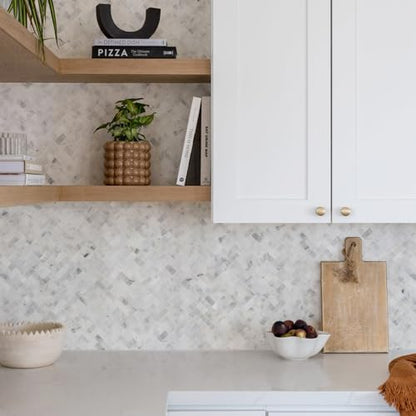 5-Sheet Genuine Marble Peel and Stick Backsplash — 11.7x11 3D Herringbone Real Stone Tiles, Waterproof & Heat-Resistant Self-Adhesive Panels for Kitchen, Fireplace & Vanity Decor (4.5 Sq. Ft.)