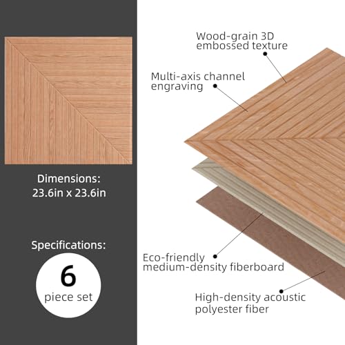 6 Pack Acoustic Wall Panels 23.6" Self-Adhesive Wood Grain Sound Panels - color: Diamond weave light color