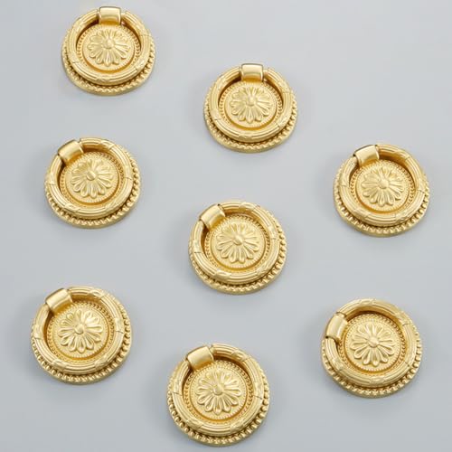 Brass Cabinet Rings Gold Knobs, Drawer Round European Handles Antique Gold Knobs for Home Kitchen, 8 Pack - size: 8 Pack
