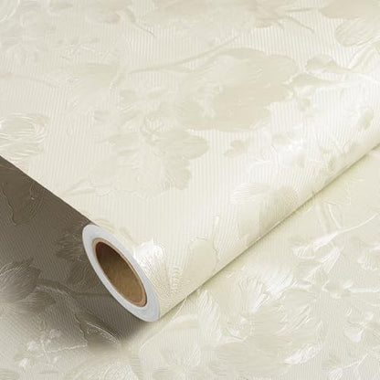 30"×118" Silk Embossed Wallpaper Peel and Stick Floral Wall Paper Stick and Peel for Bedroom Waterproof Embossed Wallpaper for Bathroom Beige Flower Textured Contact Paper for Cabinet Drawer - size: 30" x 118"