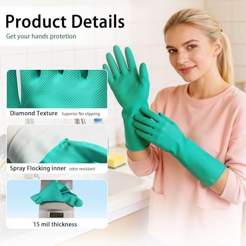 15 Mil Chemical Resistant Nitrile Gloves, Latex free Durable Cleaning Gloves, Resist Acid, Alkali, Solvent and Oil - color: 2 Pair-green, size: Large