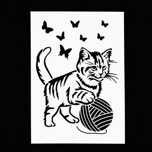 TIAMECH A4 Reusable Tabby Cat Yarn Ball Stencil for Painting - color: Tabby Cat with Yarn Ball