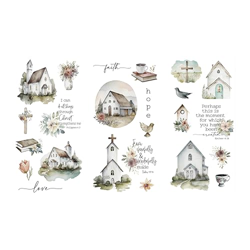 Rub on Transfers for Crafts and Furniture | 3 Design Sheets 6”x 12” | Home Decor Transfers | Furniture and Craft Decals | by Thymeless Designs (Farmhouse Churches) - style: Farmhouse Churches