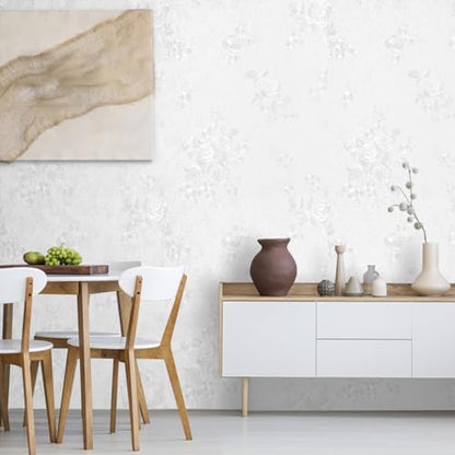 White Embossed Peel and Stick Wallpaper Textured Floral Contact Paper - color: White, size: 17.7" x 394"