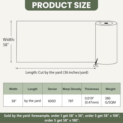 Waterproof Marine Canvas Fabric by The Yard 58" W 600D PVC Backing 15 Yards - color: Army Green, size: 15 Yards