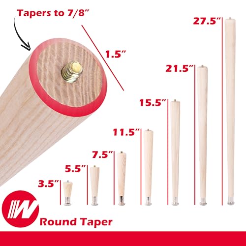 Waddell Round Taper Leg (4 Count, 6" H) | Self Leveling Quick Mount Wooden Legs with 5/16" #18 Hanger Bolt | Decorative Unfinished Furniture Legs for DIY Home Improvement | Mid Century Modern Decor - size: 6"H