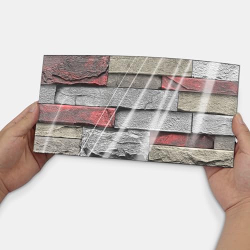 Alwayspon 24Pcs 12x6inch Peel&Stick Wall Sticker Vinly Wallpaper, Waterproof Backsplash for Kitchen Bathroom, Self-Adhesive Tile Transfers Decal Stick on Tiles with Red Stone Brick Effect - color: Fg-l13, size: 24 Pcs
