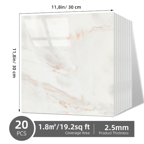 Vieshful 20pcs Peel and Stick Backsplash Tile，12"x12" Self Adhesive Marble Tile for Wall, PVC Waterproof Shower Wall Panels, Back Splash Stick on Tiles for Kitchen Bathroom Living Room - color: White+Yellow