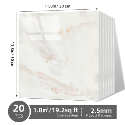 Vieshful 20pcs Peel and Stick Backsplash Tile，12"x12" Self Adhesive Marble Tile for Wall, PVC Waterproof Shower Wall Panels, Back Splash Stick on Tiles for Kitchen Bathroom Living Room - color: White+Yellow